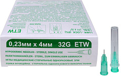 Иглы медицинские стерильные одноразовые SFM  0,23мм х 4 мм 32G ETW (50 шт/уп)