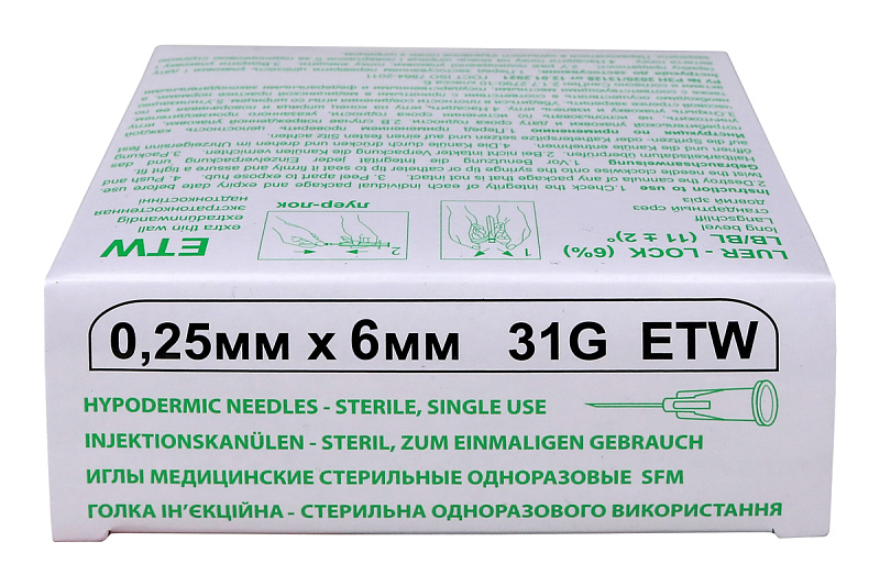 Иглы медицинские стерильные одноразовые SFM  0,25мм х 6 мм 31G ETW (50 шт/уп)